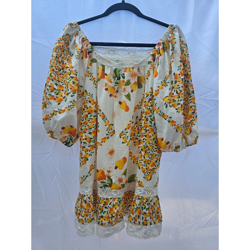 Artelier Nicole Miller Cashew Floral Lace Trim Puff Sleeve Peasant Dress Small